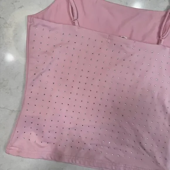 Pink Rhinestone Cami Tank Top Women's Small Y2K Barbiecore Festival Layering - Picture 8 of 16